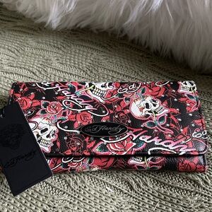Ed Hardy Black Red Skull & Rose Clutch Wallet